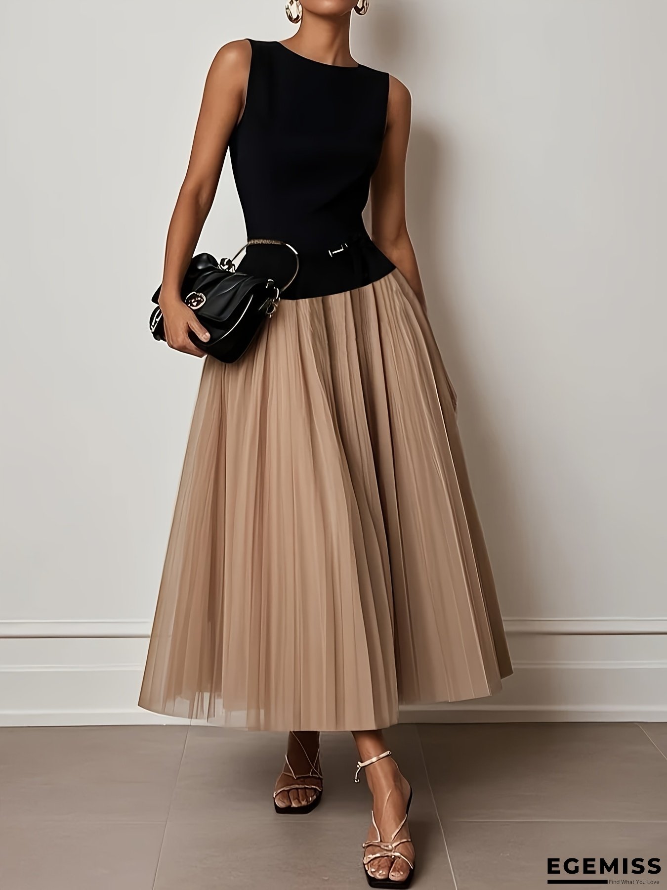 Women's Elegant Color-Block Round Neck Dress with Short Sleeve & Flowy Light Khaki Skirt - Slim-Fit to Flared Silhouette, Belted Waist, Solid Color Design for Spring Summer Fall, Versatile for Casual to Formal Events (Office, Party | EGEMISS