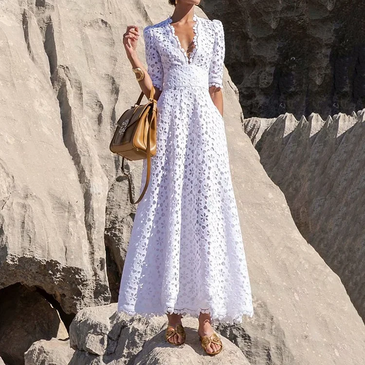 Simpfit Sexy Swing-Maxikleid mit Blumenspitze und V-Ausschnitt und halben Ärmeln