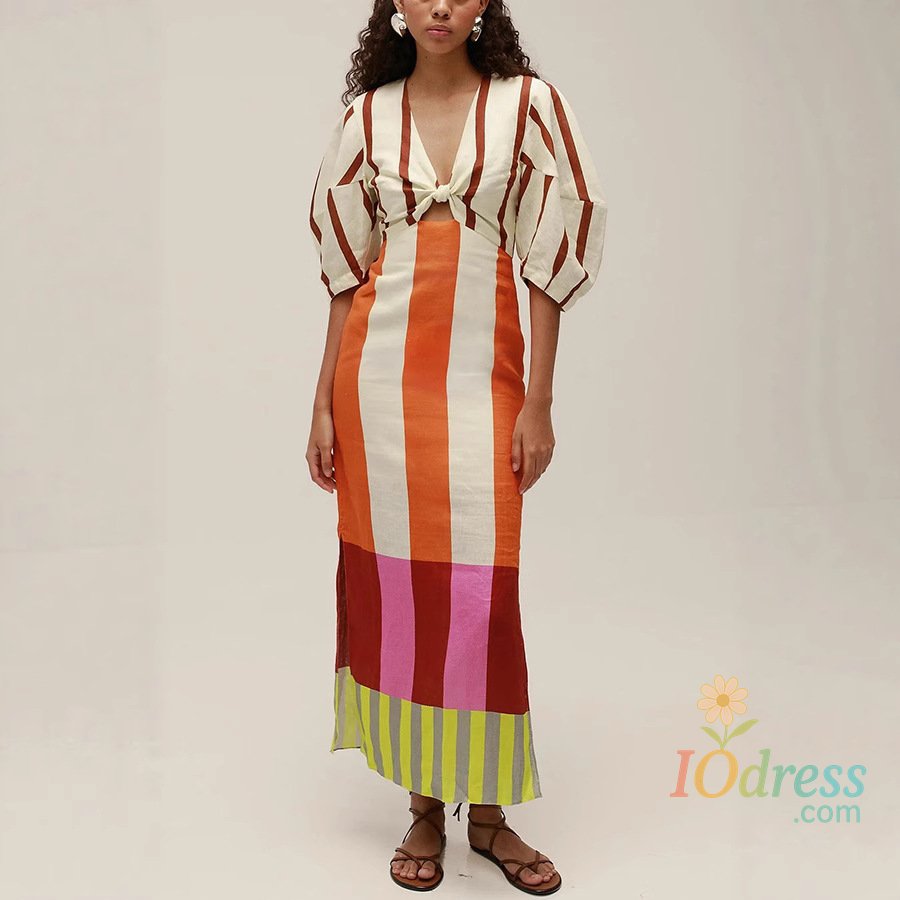 IO Dress Women Spring Summer New Floral Flower Color Stripes Printed Linen Dress Casual Vacation Loose Dress Maxi Long IO Dress