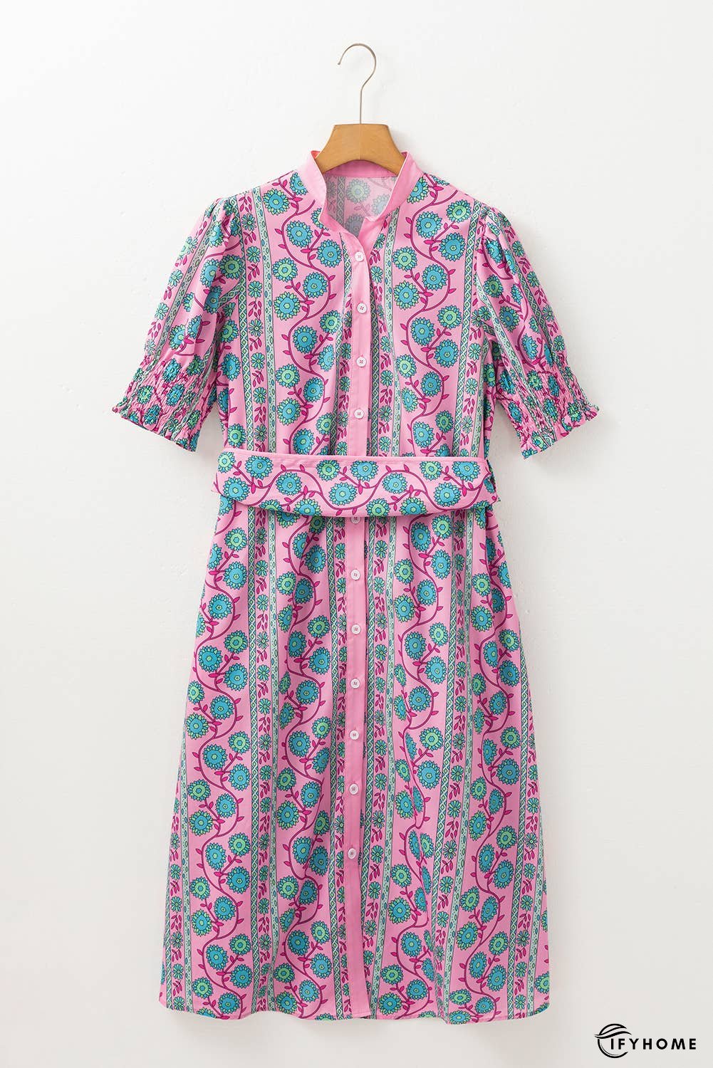 Floral Shirred Puff Sleeve Buttoned Front Midi Dress | IFYHOME