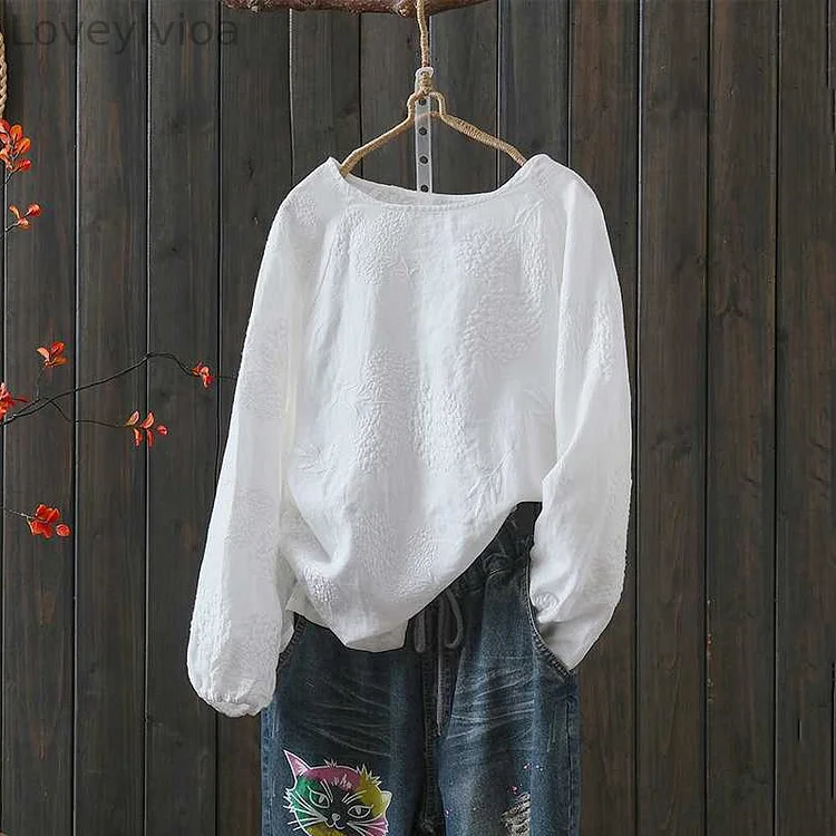 Women's Floral Linen Cotton V Neck Comfy Shirt