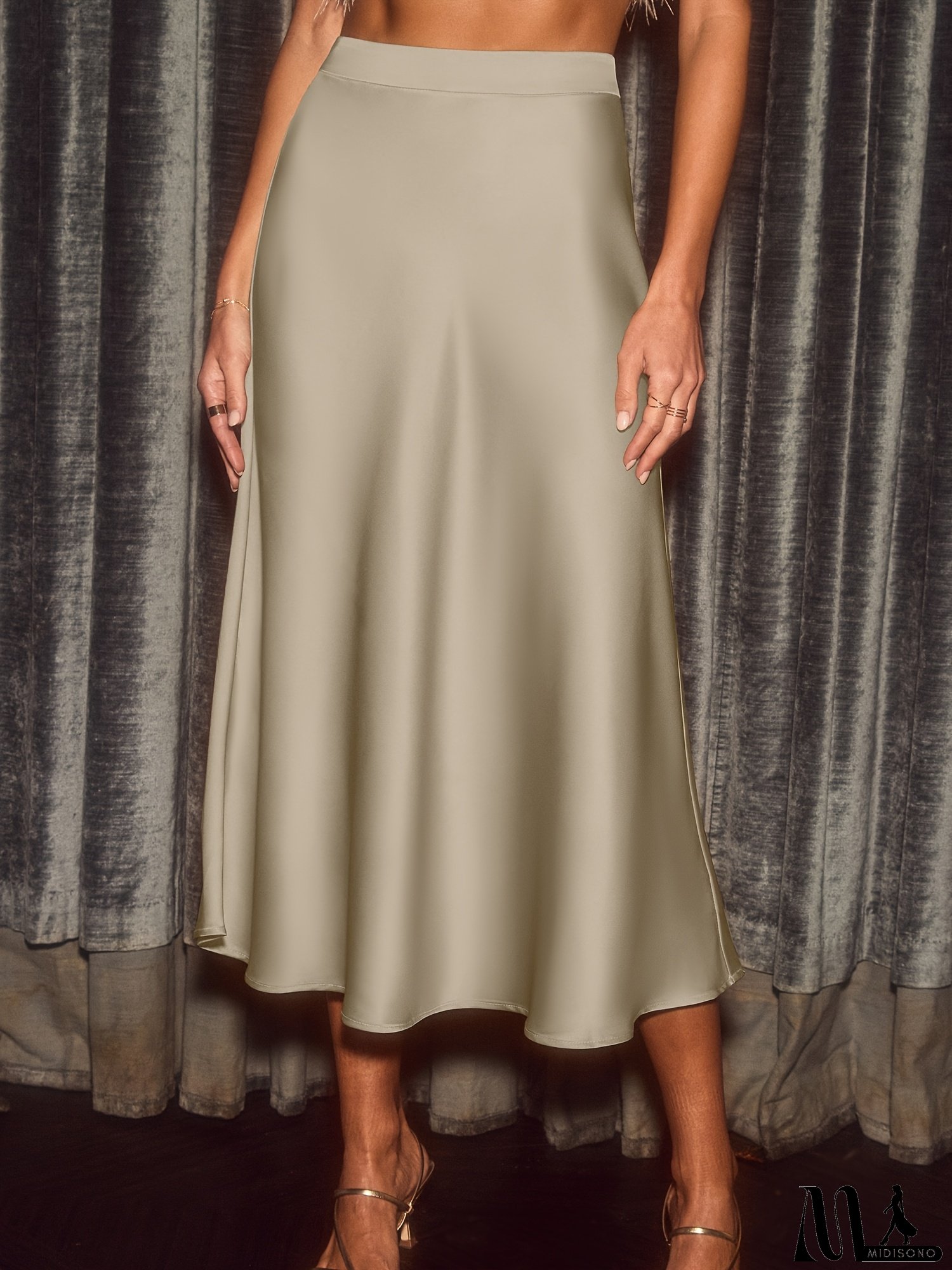 [Elegant Cat Skirt] Polyester Women's Elegant Midi Skirt with Cat Ears Design | Chic Beige A-Line High Waist Skirt for All Seasons