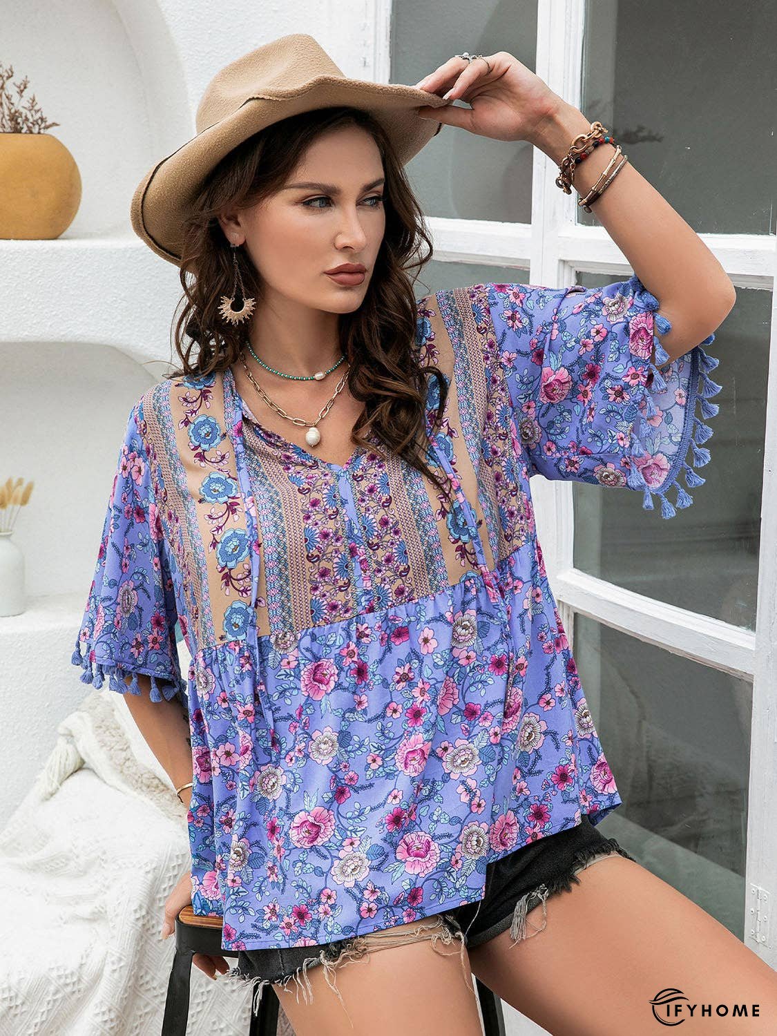 Plus Size Printed V-Neck Half Sleeve Blouse | IFYHOME