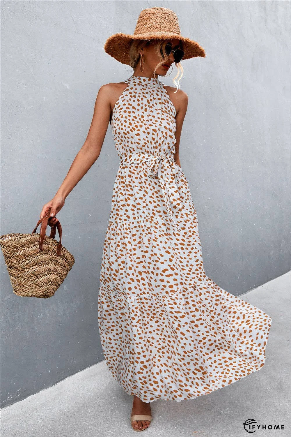 Printed Sleeveless Tie Waist Maxi Dress | IFYHOME