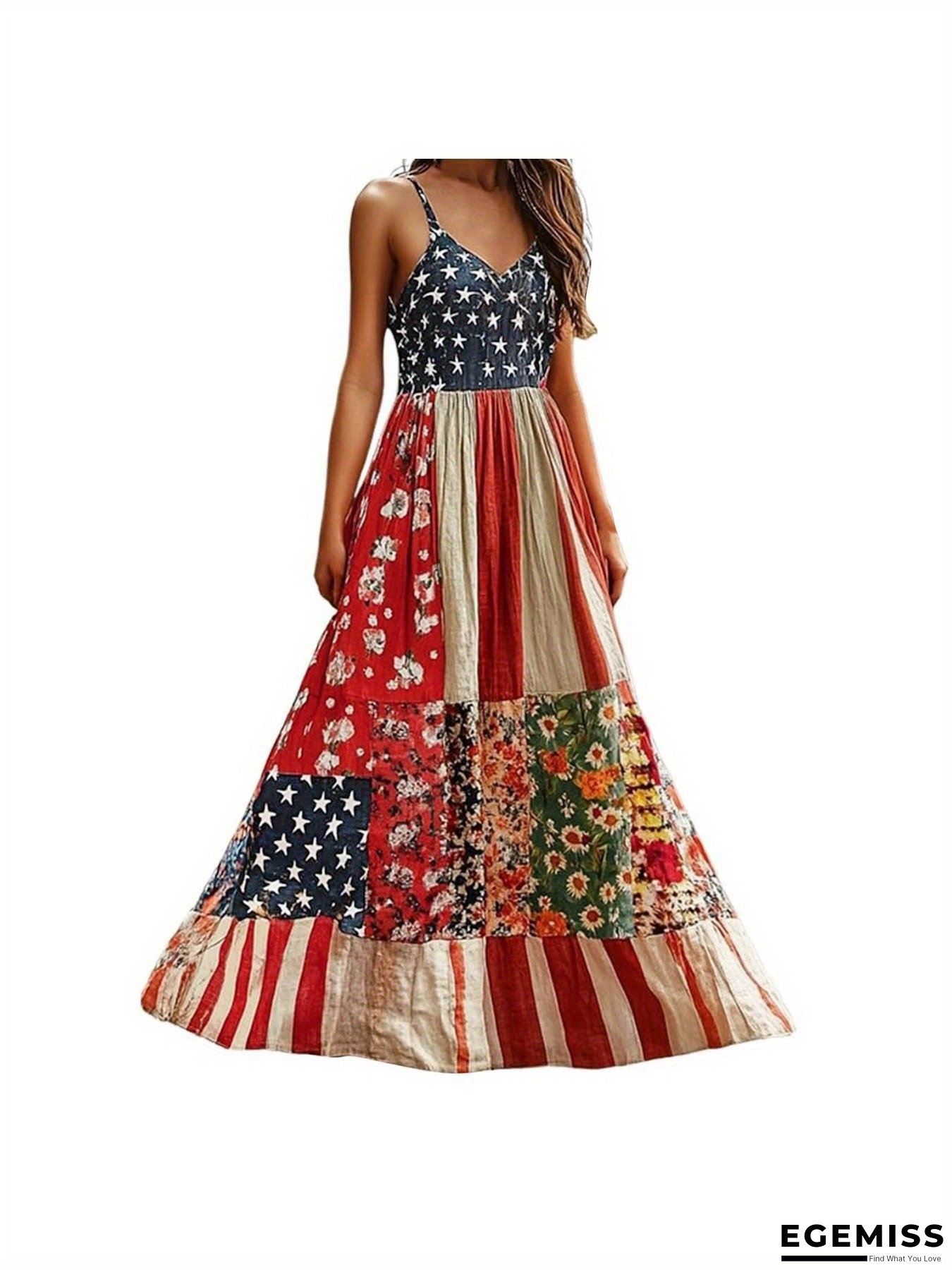 Women's Independence Day Patch Art Line Dress Floral Flag Maxi Dresses - Size Suggestion: Choose One Size Smaller Than Chart | EGEMISS