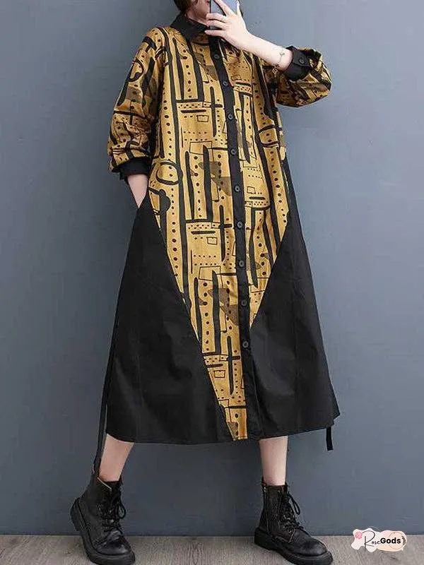 A-line long sleeves asymmetric contrast color printed warp knitting lapel midi dress shirt