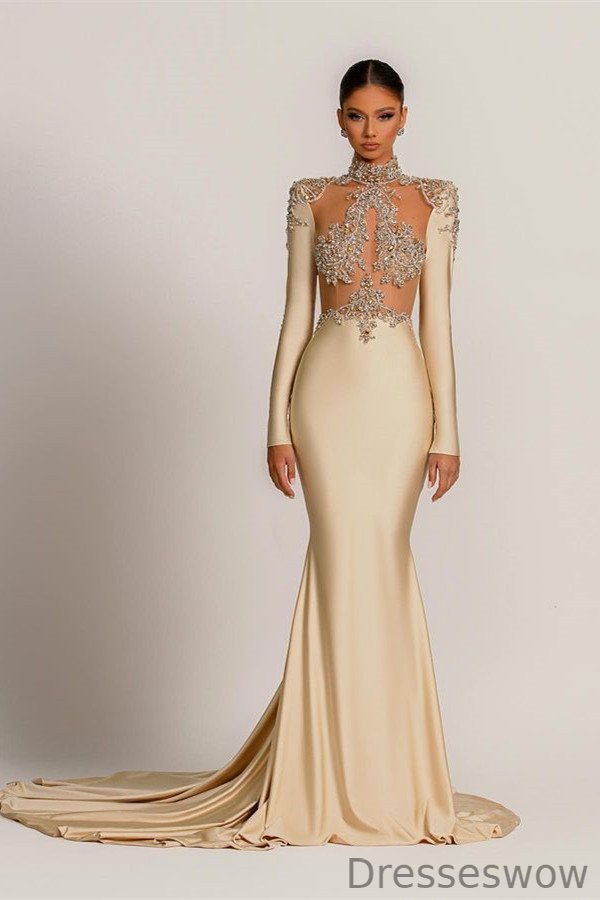 Dresseswow Long Sleeves High Neck Prom Dress Mermaid With Beads Crystal