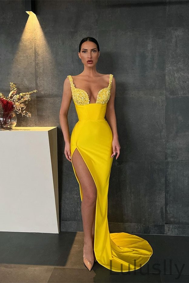 Luluslly Yellow Sequins Straps Mermaid Prom Dress With Slit