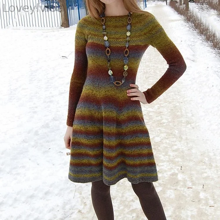Vintage Contrast Striped Wool Midi Dress