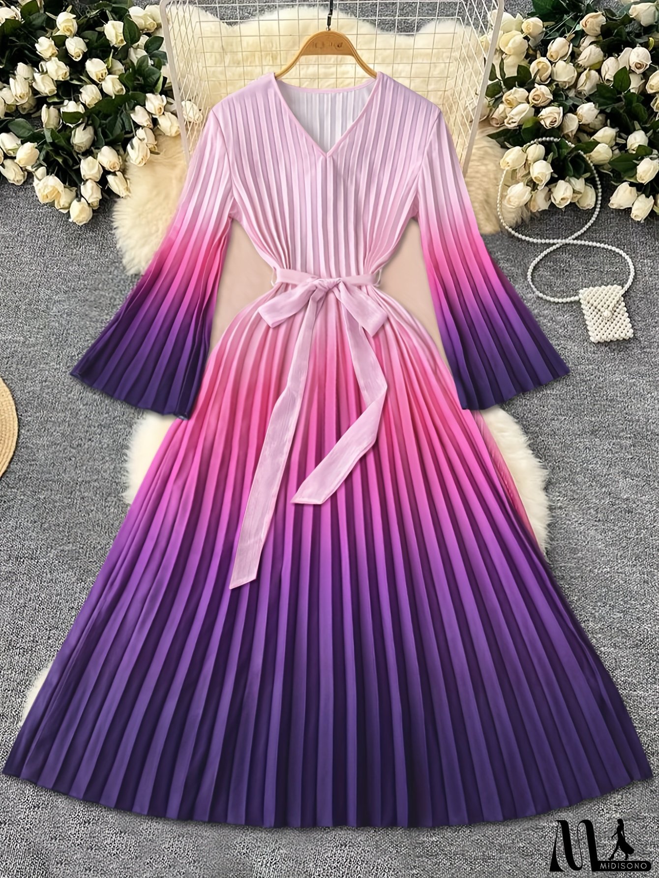 Women's Elegant Gradient Purple to Pink A-Line Dress with Belted Waist & V-Neck - Long Sleeve Pleated Midi Dress for Spring/Fall, Versatile Casual to Formal Wear, Elegant Dress For Women, Elegant Party Dress For Women, Dress For Church For Women