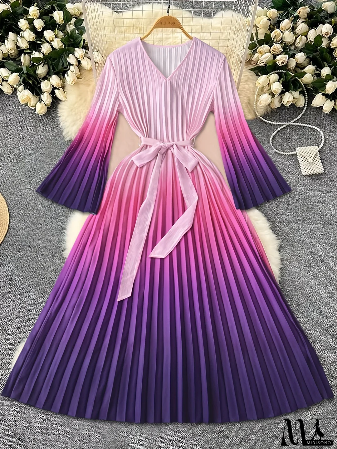 Women's Elegant Gradient Purple to Pink A-Line Dress with Belted Waist & V-Neck - Long Sleeve Pleated Midi Dress for Spring/Fall, Versatile Casual to Formal Wear, Elegant Dress For Women, Elegant Party Dress For Women, Dress For Church For Women