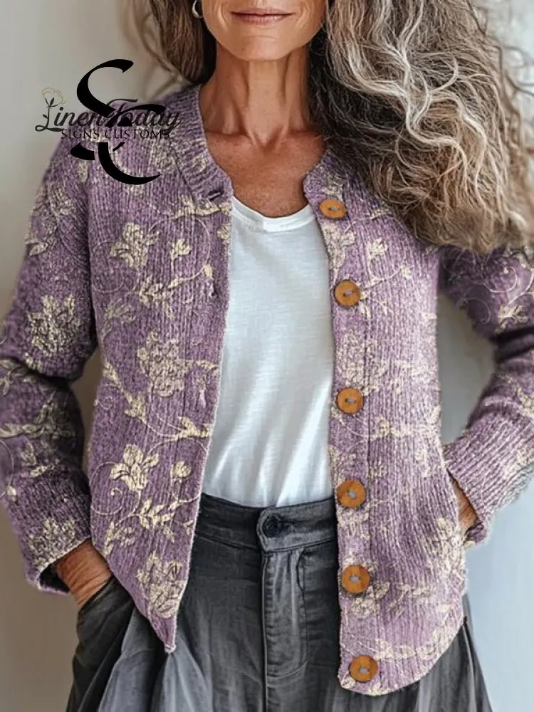 Women's Vintage Floral Art Pattern Print Buttoned Cardigan Sweater