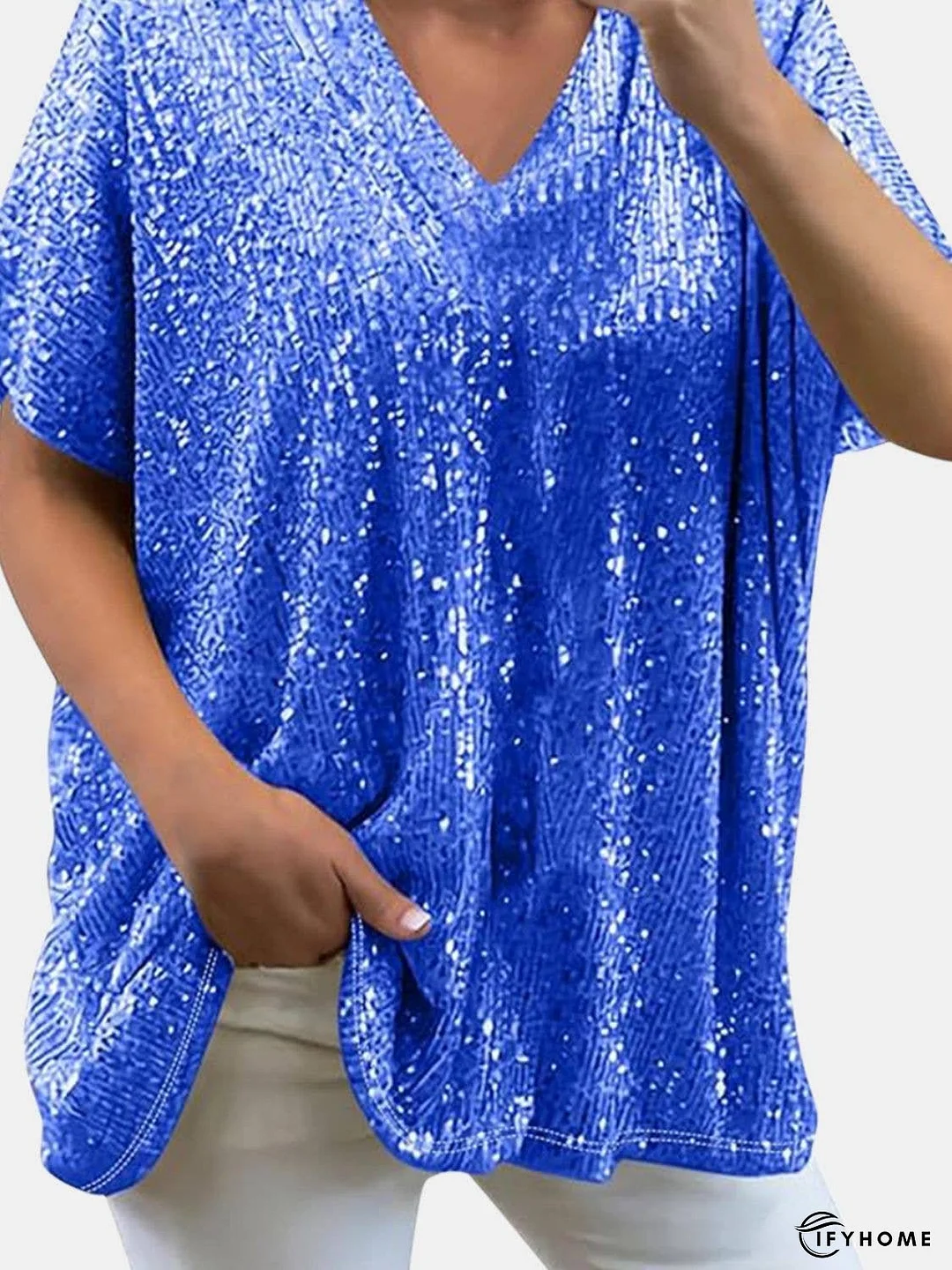 Full Size Sequin V-Neck Short Sleeve Top | IFYHOME