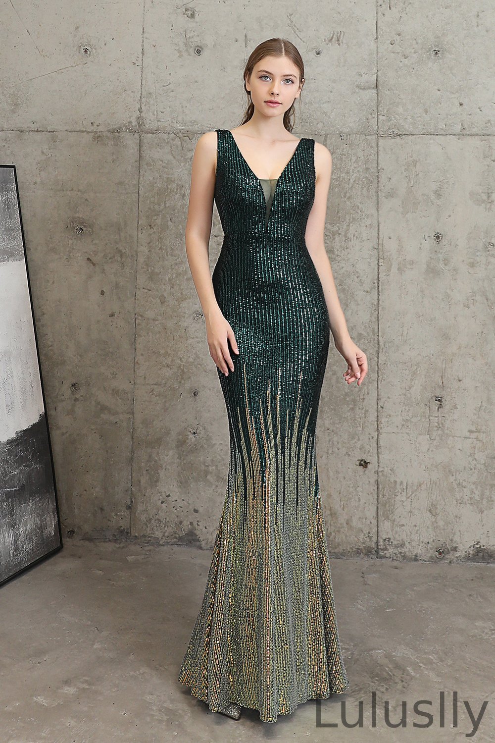 Luluslly V-Neck Sleeveless Sequins Evening Dress Mermaid Long YE0032