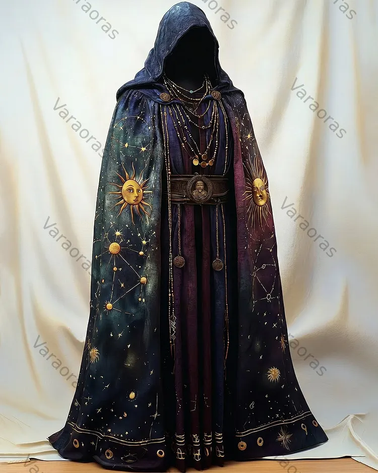 Men's Summer Fashion Star and Moon Embroidered Linen Hooded Cape 5843