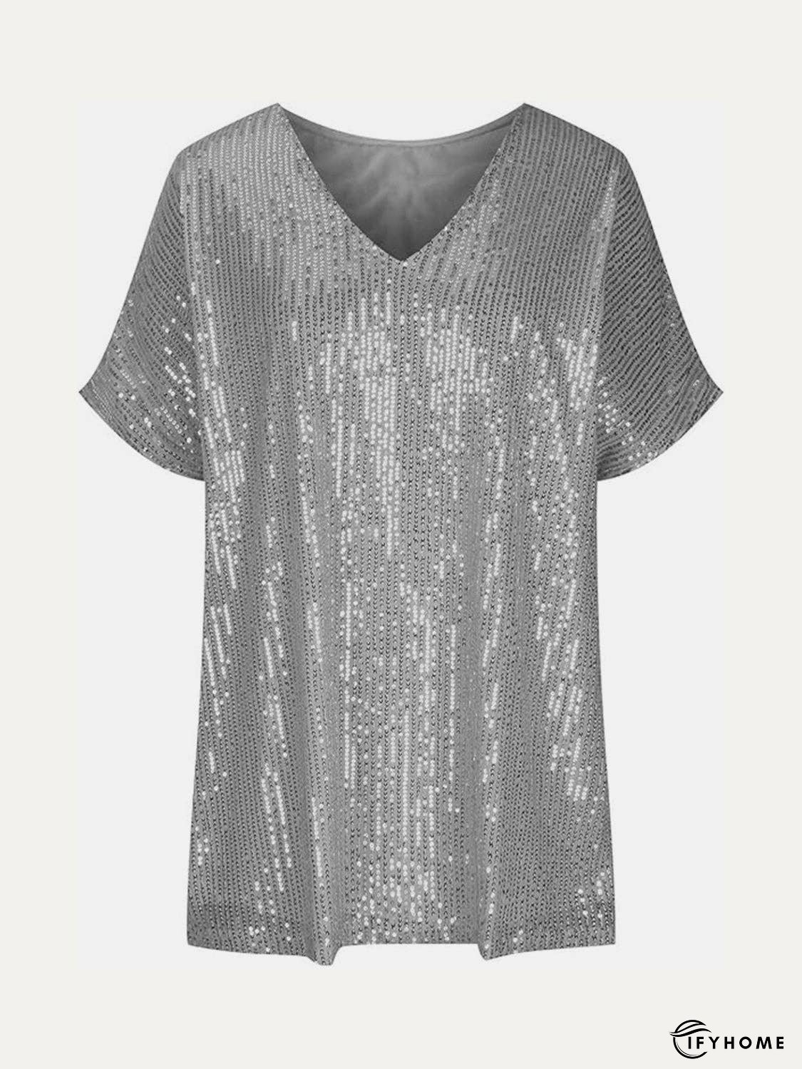Full Size Sequin V-Neck Short Sleeve Top | IFYHOME