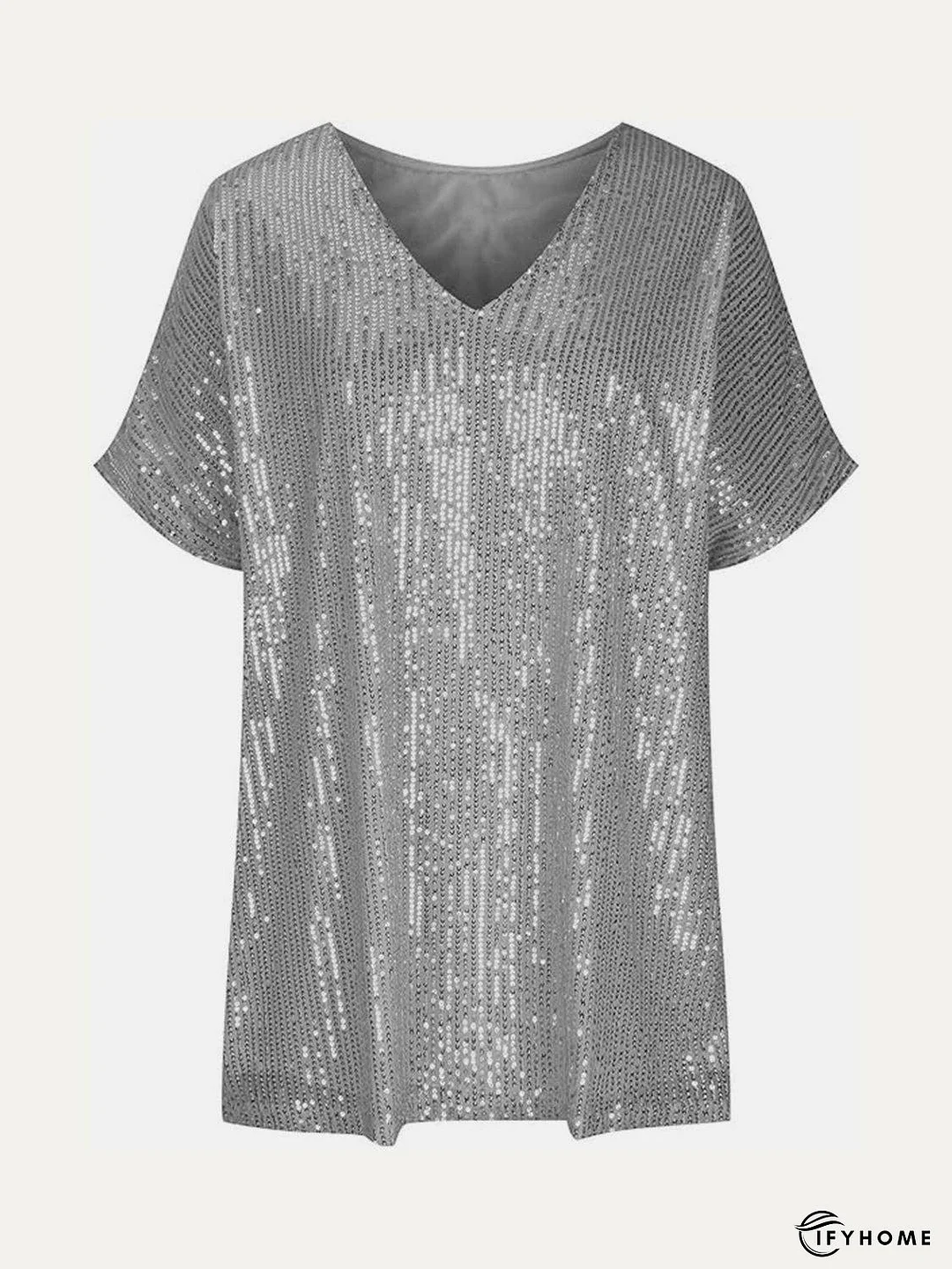Full Size Sequin V-Neck Short Sleeve Top | IFYHOME