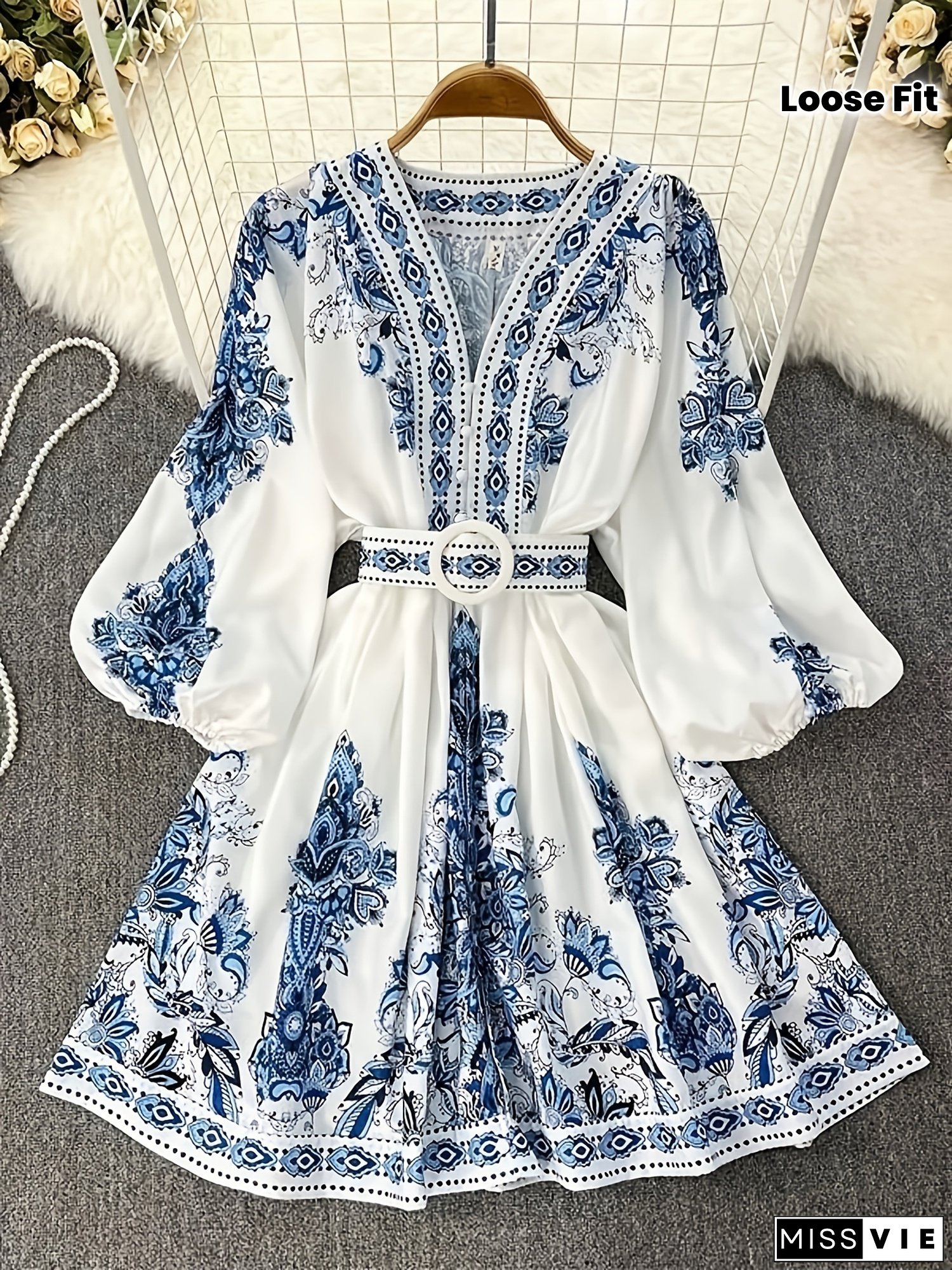 [Vintage A-Line Dress] Vintage Floral Print A-Line Dress | Women's Long Sleeve Loose Fit Maxi Dress with Lantern Sleeves & Adjustable Waist Tie | Machine Washable, Cute Dresses for Spring/Fall