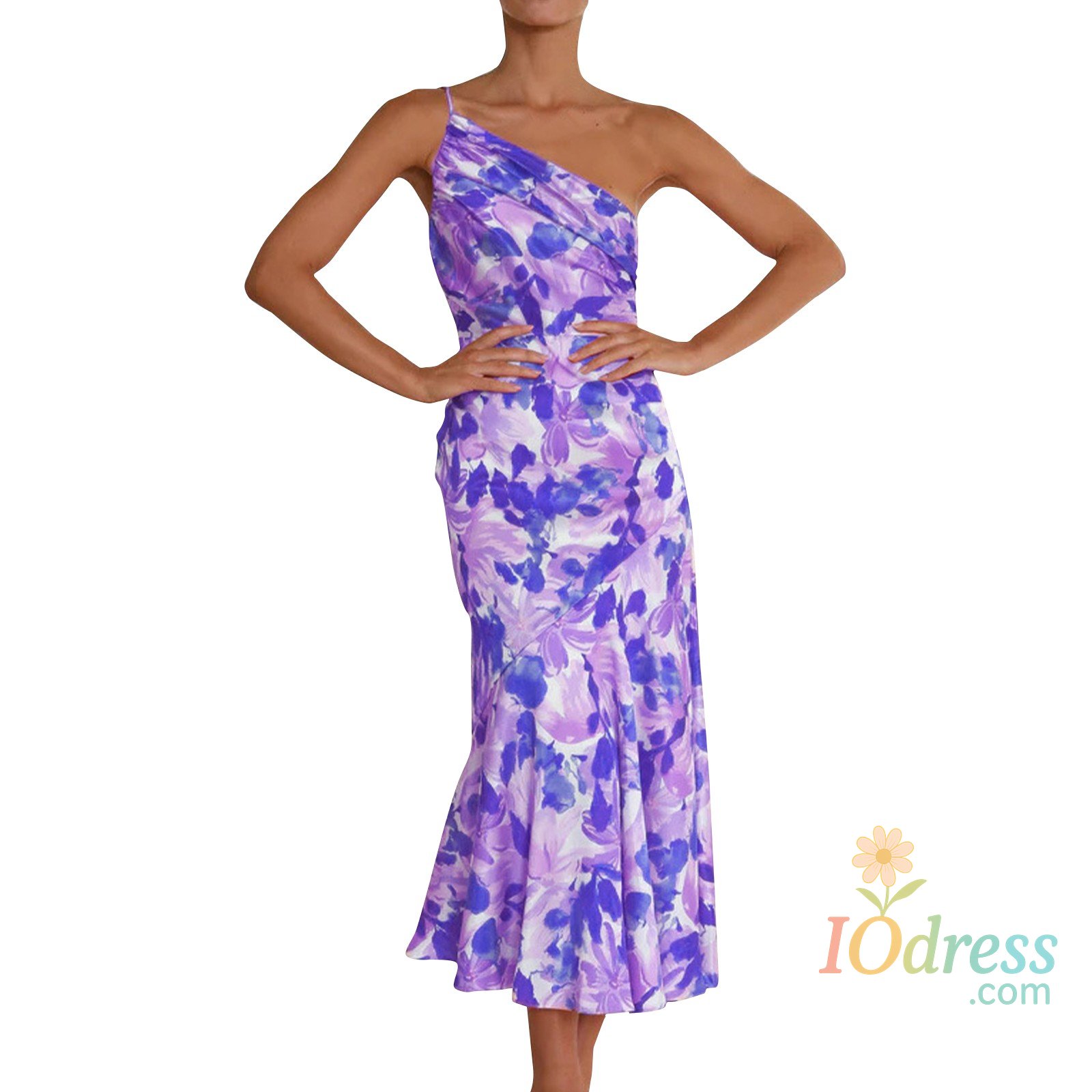 IO Dress Elegant Oblique Shoulder Pleated Floral Print Spaghetti Dresses For Women 2024 Sexy Backless Strape Summer Midi Dress Vestidos