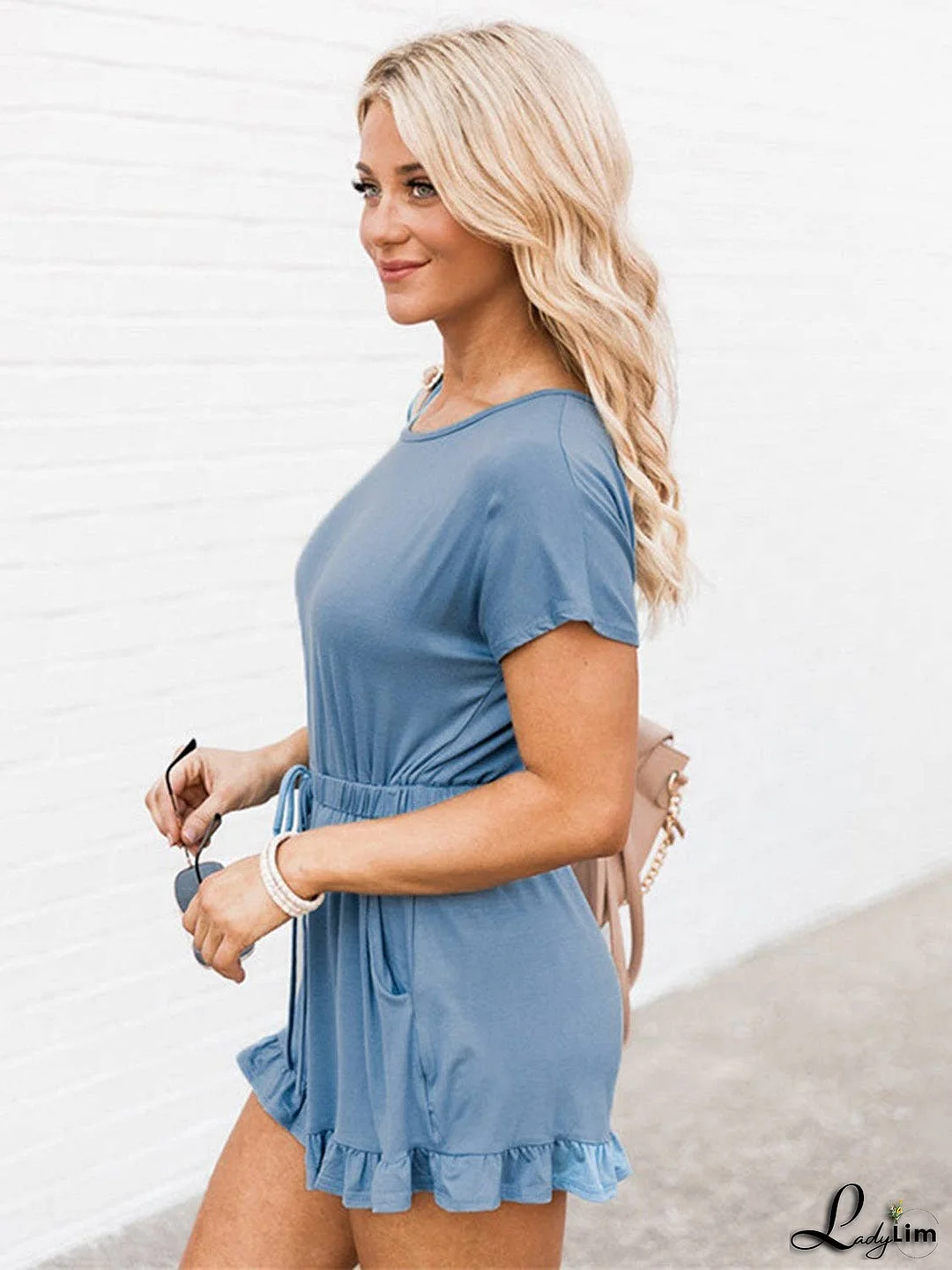 Ruffled Boat Neck Short Sleeve Romper