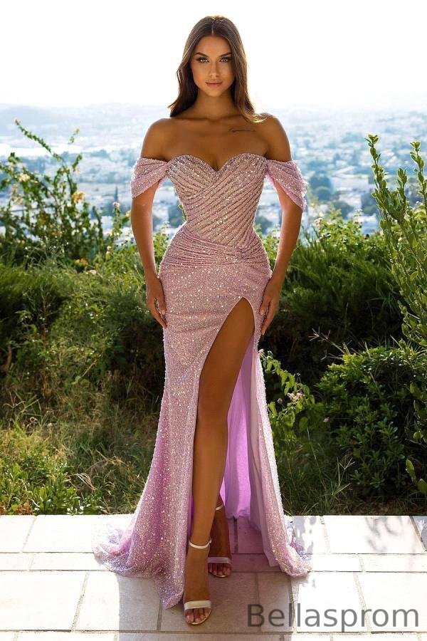 Bellasprom Sequins Mermaid Prom Dress Split Off-the-Shoulder Bellasprom