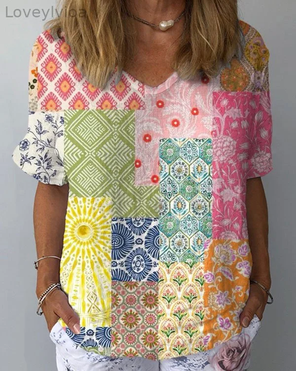 Women's Casual Floral Loose Short Sleeve Top