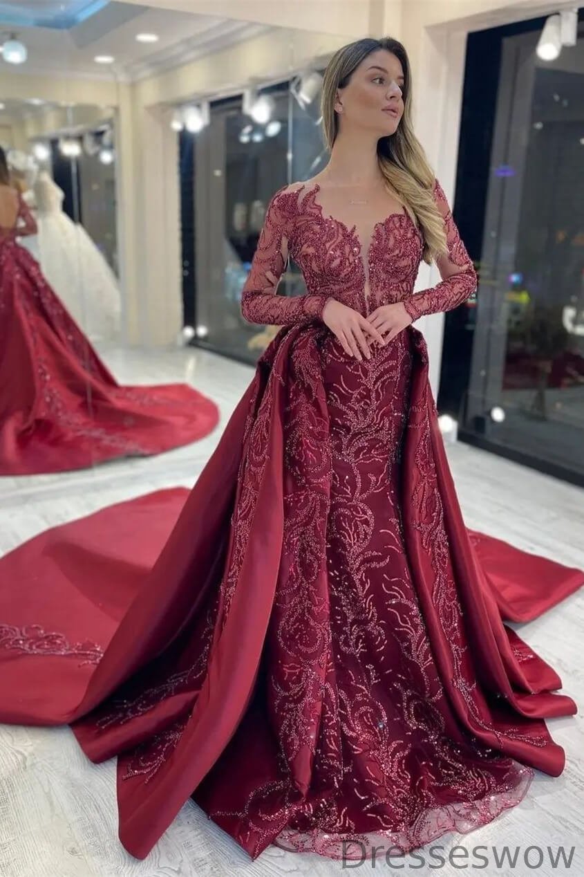 Dresseswow Burgundy Long Sleeves Overskirt Evening Dress Mermaid With Beads