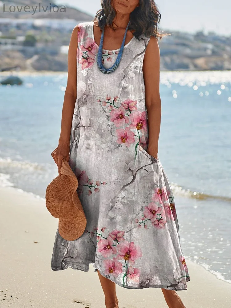 Womens Flower Art Print Pocket Pinafore Linen Dress
