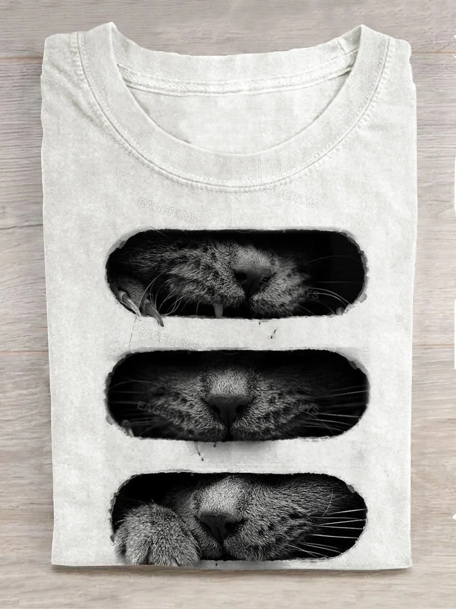 Eagerlys Retro Cat Funny Art Print Casual T-shirt Eagerlys