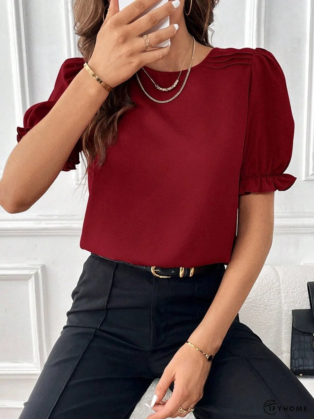 Round Neck Flounce Sleeve Blouse | IFYHOME