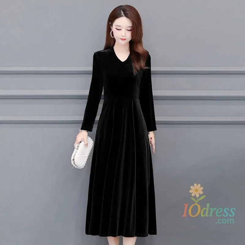 IO Dress V-neck Dress Autumn Winter New Style Waist-hugging to Make You Look Slim and Fashion Solid Long-sleeved A-line Skirt for Women