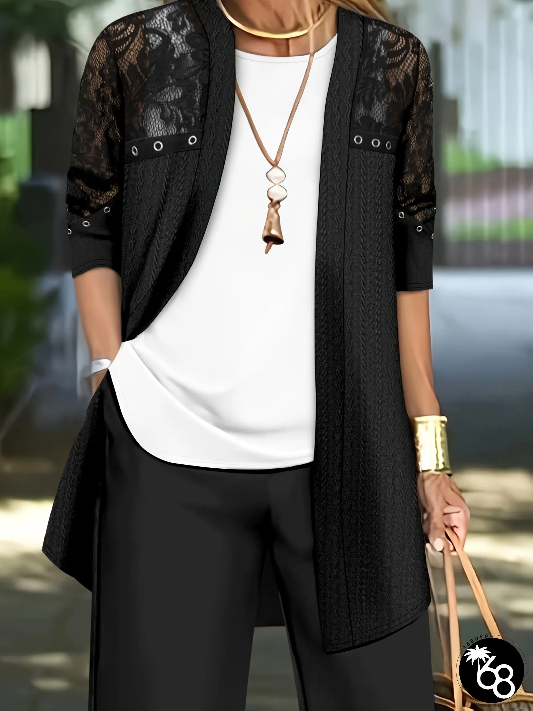 Womens Elegant Lace Patchwork Cardigan Coat Open Front Closure Blazer Machine Washable | 168DEAL