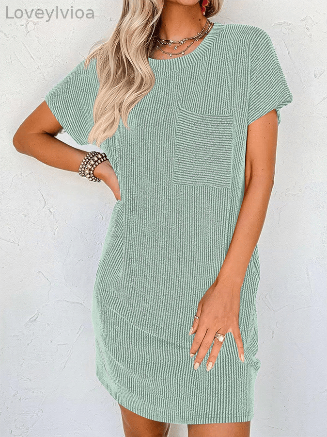 Women's Casual Contrast Color Twisted Short Sleeve Pocket Dress