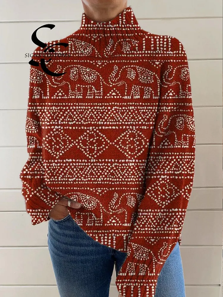 Women's Vintage Art Elephant Lines Print Knit Turtleneck Pullover Sweater