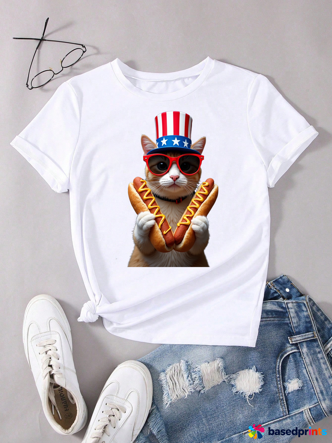 Cat Hot Dog T-Shirt Funny Patriotic Humor Tee