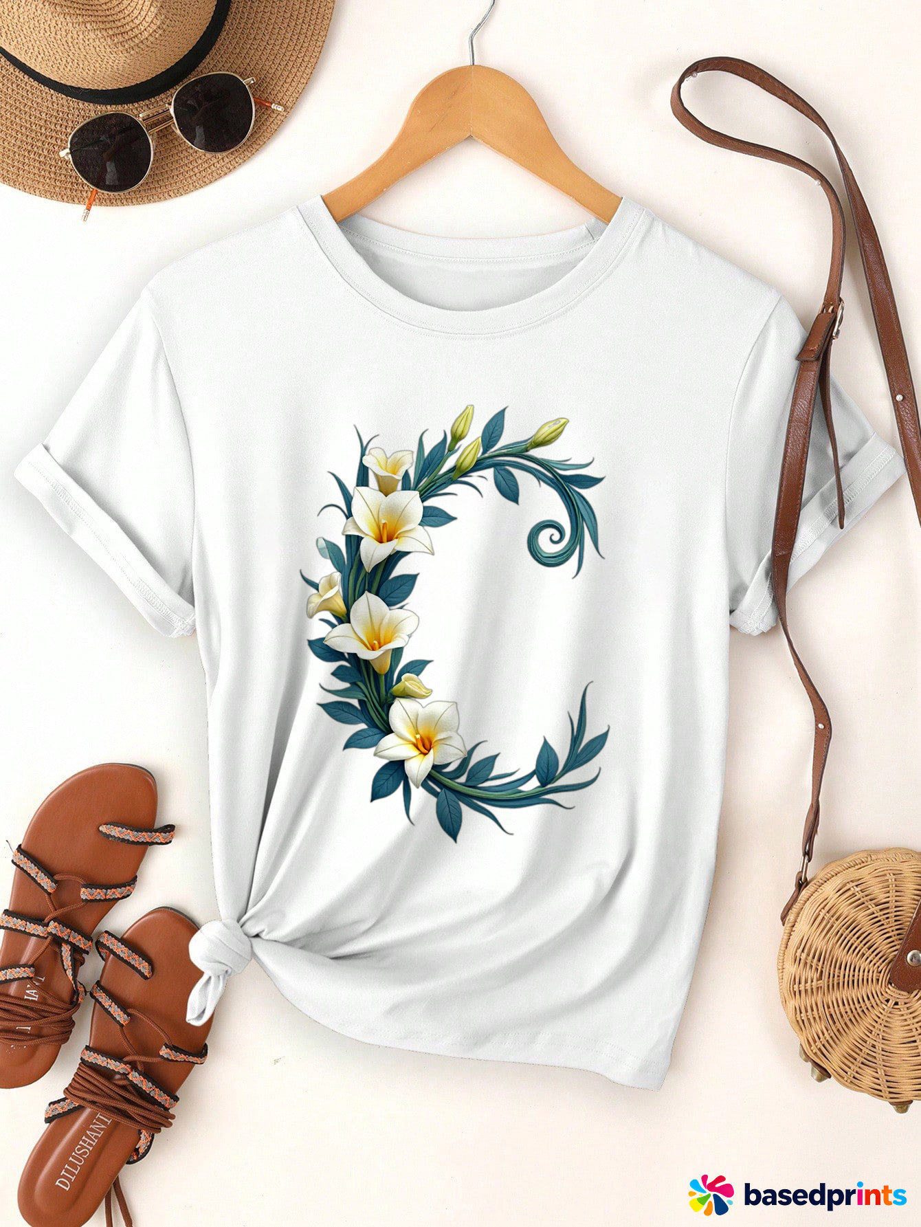 White Floral Print T-Shirt Women Casual Short Sleeve Tops