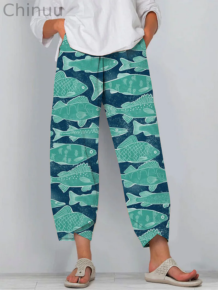 Casual Ocean Fish Print Cropped Pants