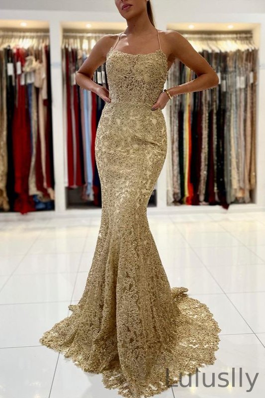 Luluslly Gold Appliques Lace Mermaid Evening Dress Long Spaghetti-Straps