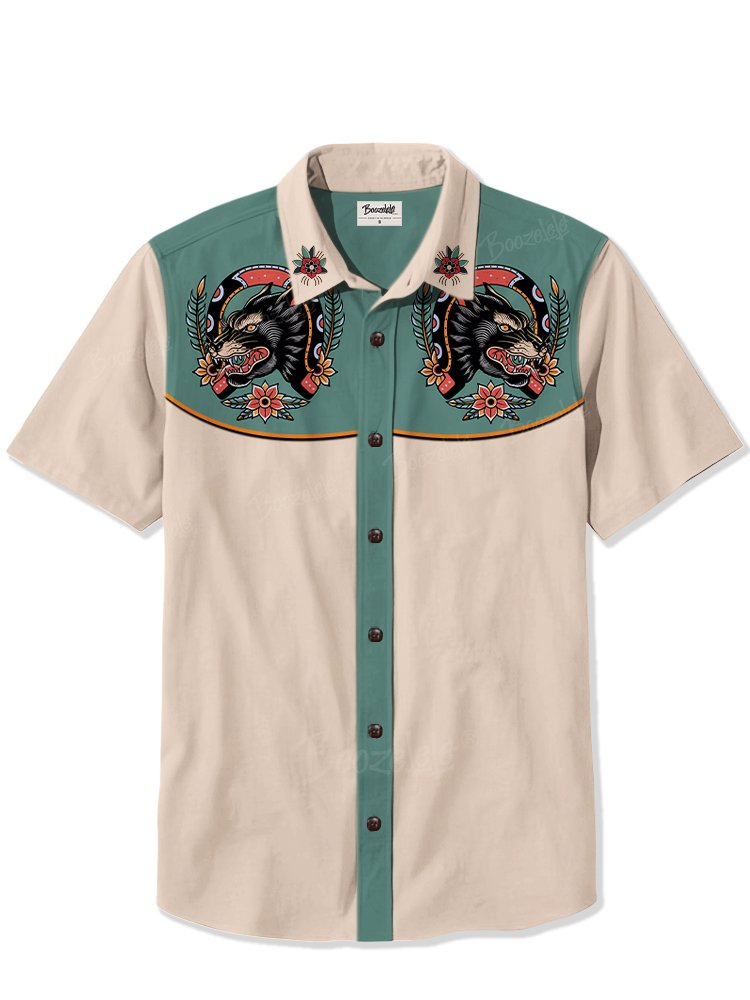 Retro Tattoo Horseshoe And Wolf - 100% Cotton Shirt