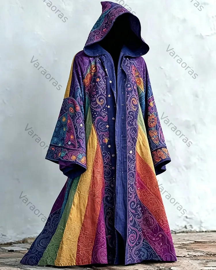 Men's Summer Fashion Boho-Style Patchwork Embroidered Linen Hooded Cape 3508