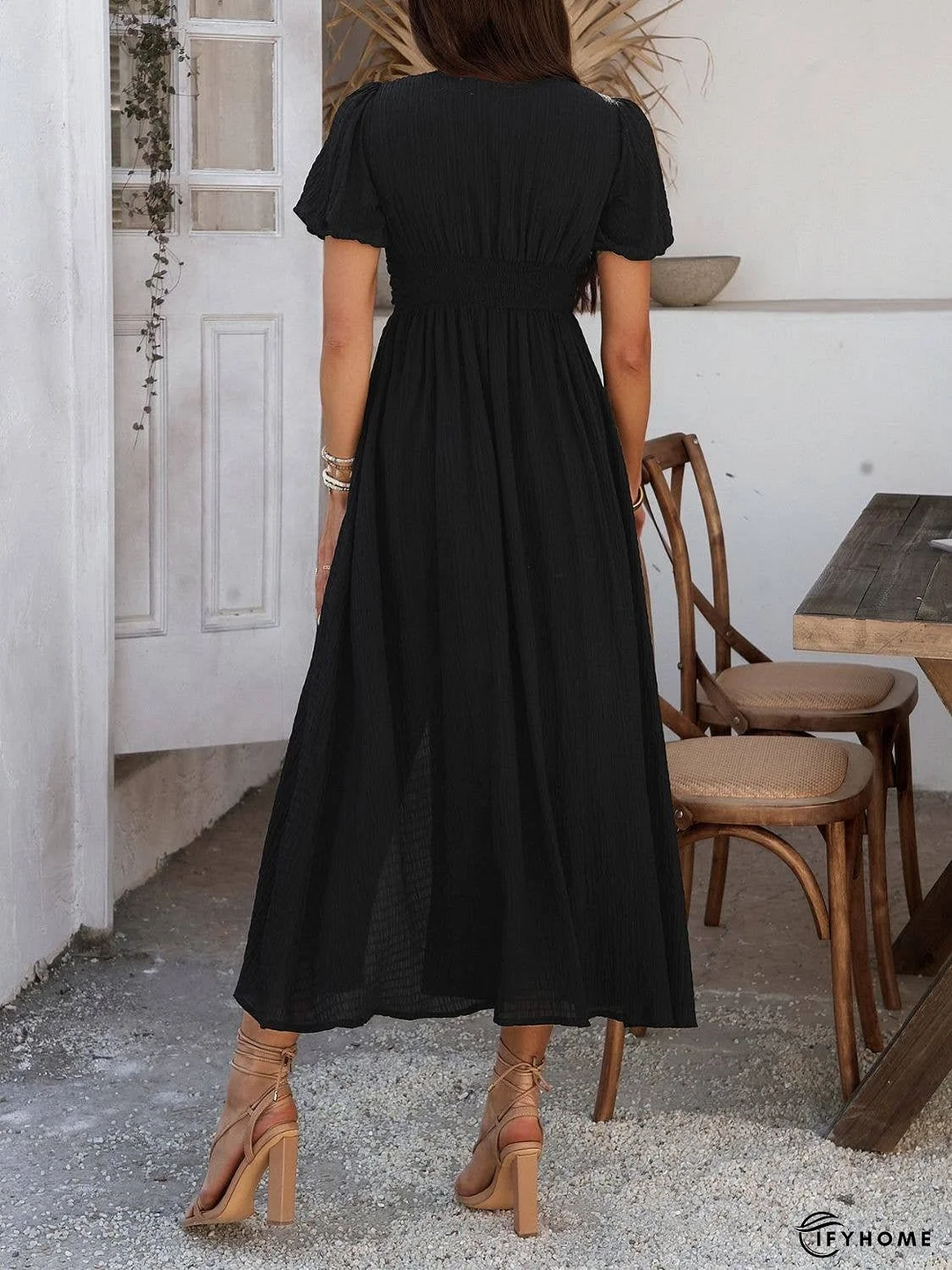 Devine V-Neck Puff Short Sleeve Midi Dress | IFYHOME
