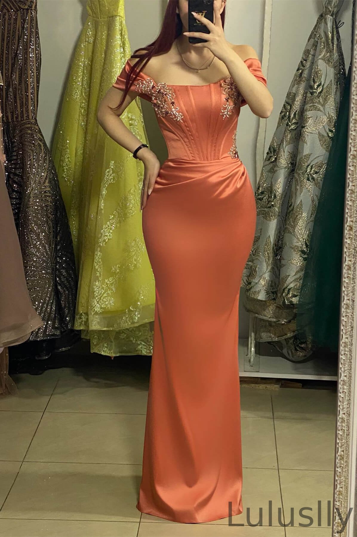 Luluslly Coral Off-the-Shoulder Sleeveless Mermaid Prom Dresses With Crystals Beadings