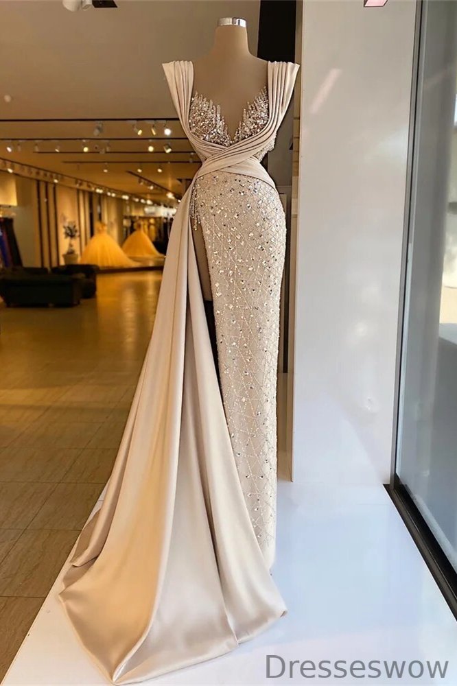 Dresseswow Champagne Mermaid Evening Gown High Split Long With Beads Sequins