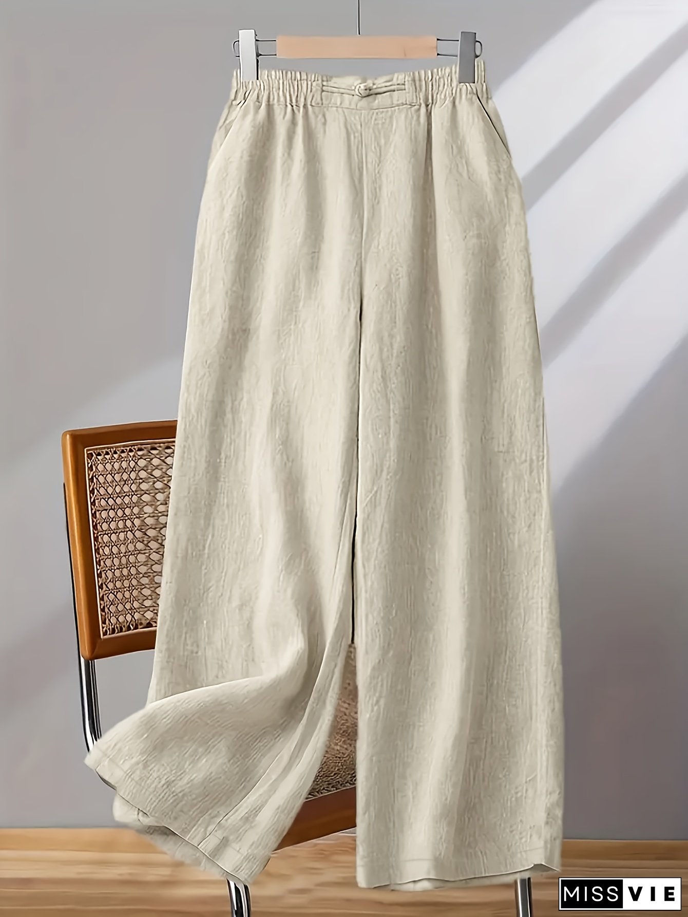 Solid Color Linen Ankle Pants Loose Straight Wide-Leg Casual Minimalist Women's Trousers