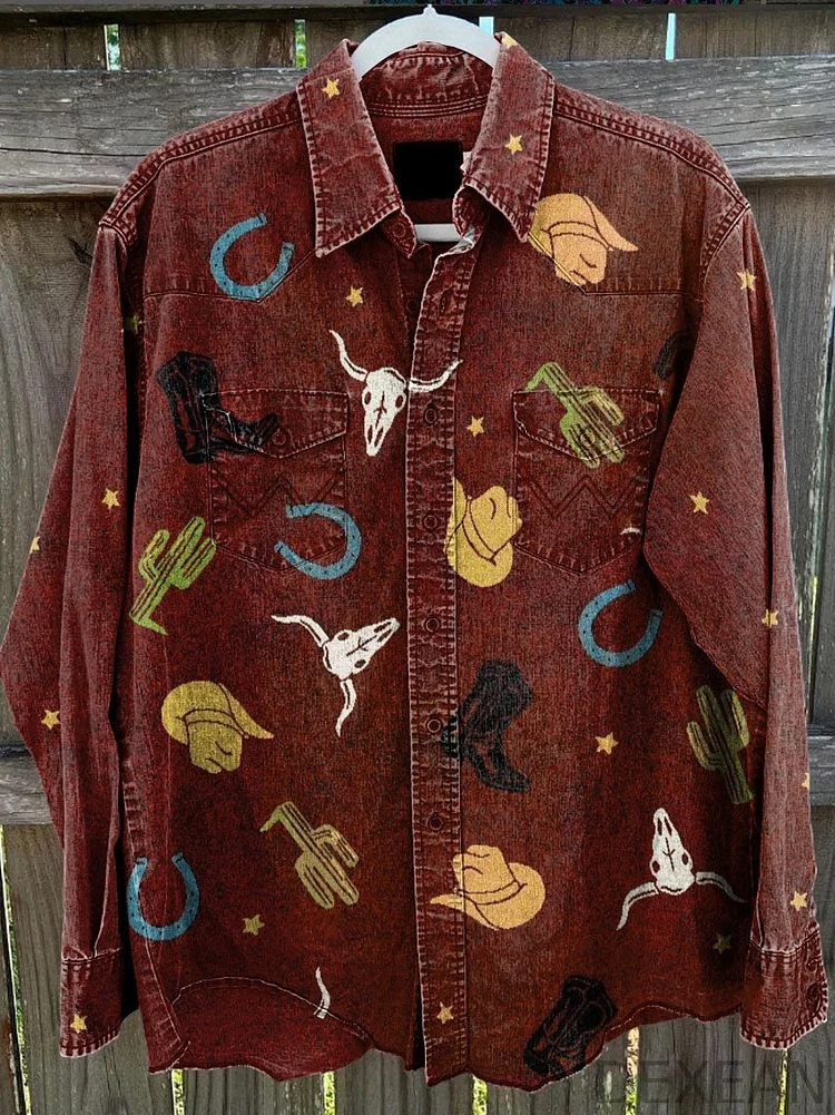 Men's Brown Seamless Denim Pattern Vintage Stripe Print Casual Shirt