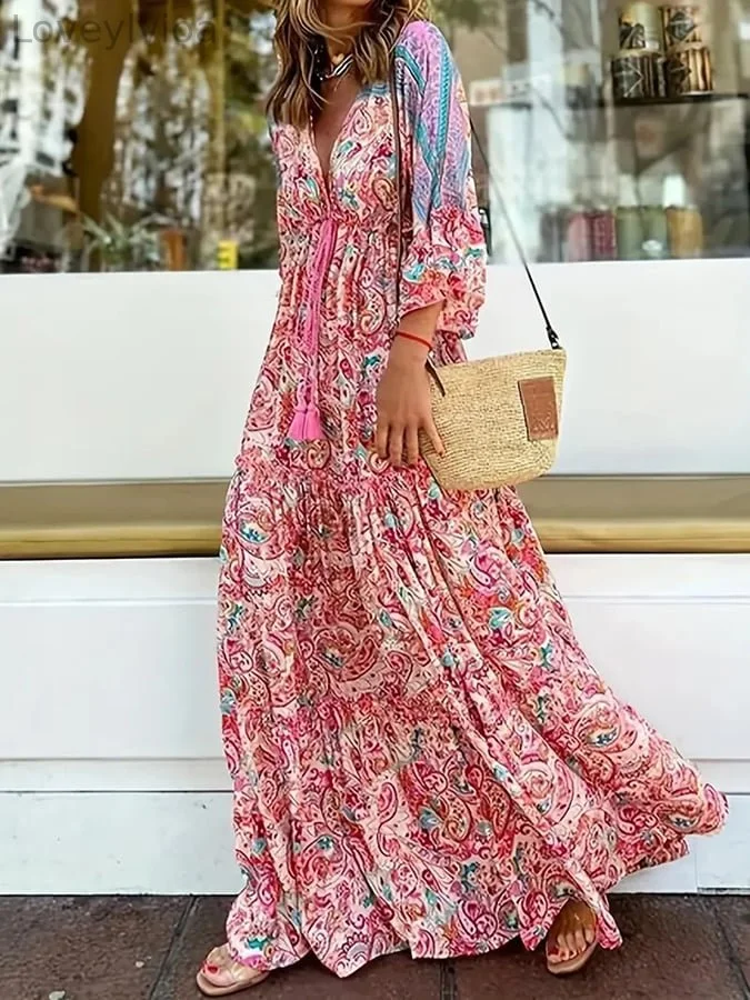 Women's Tropical Cashew Print Low V-Neck Waist Tassel Long Dresses