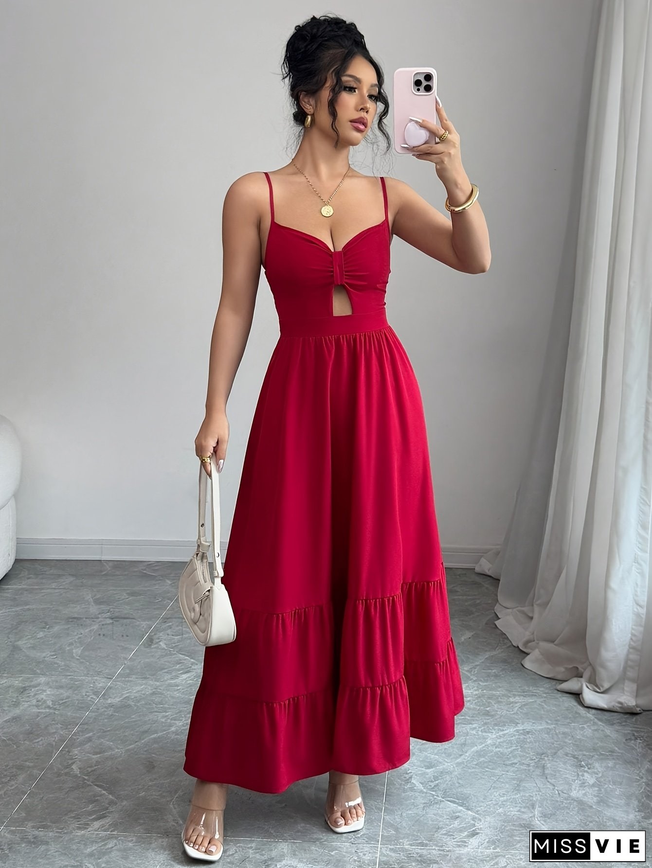 Elegant Red Maxi Dress Backless Ruffled Hem Perfect For Adults Womens Fashion
