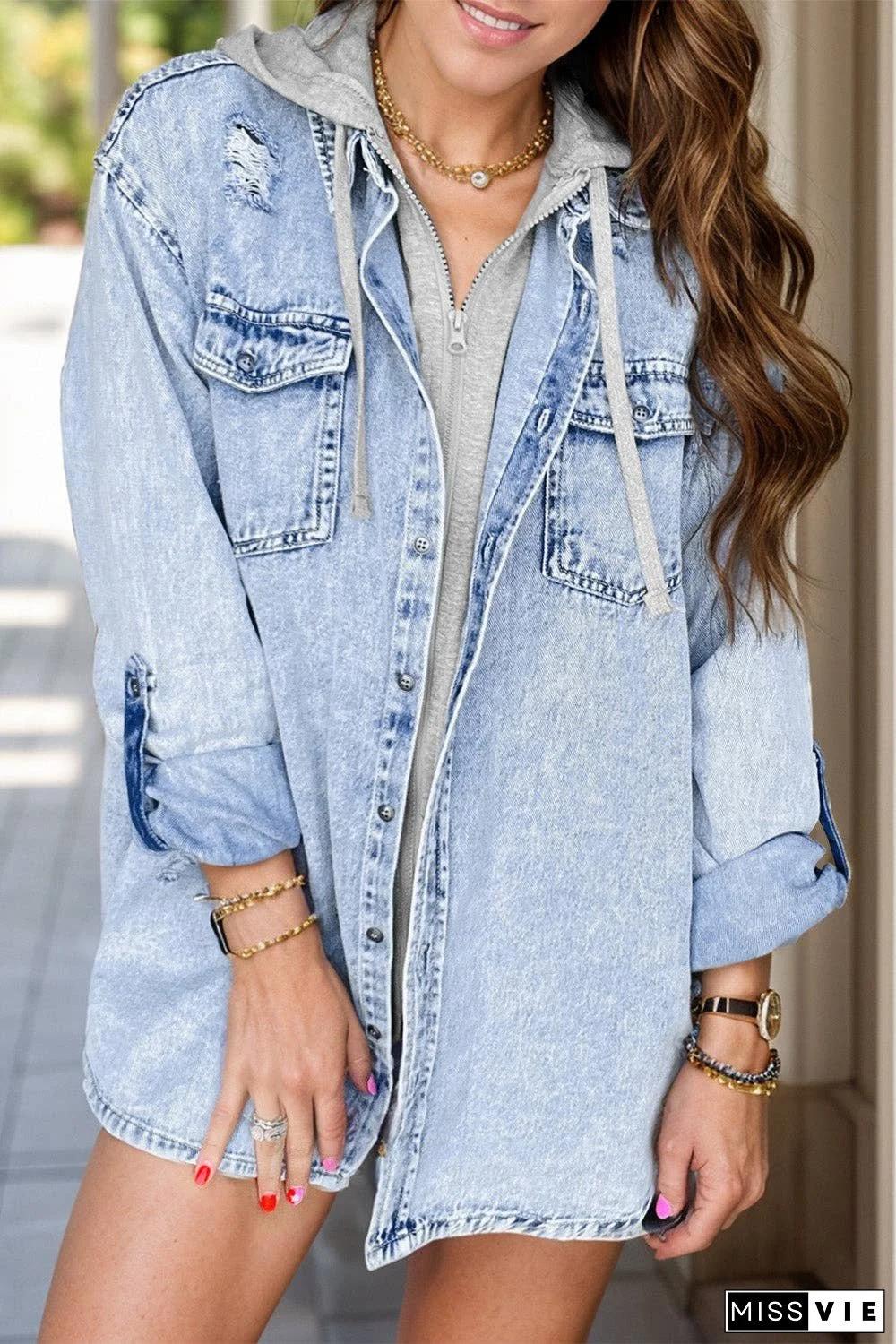 Distressed Button Up Long Sleeve Denim Jacket