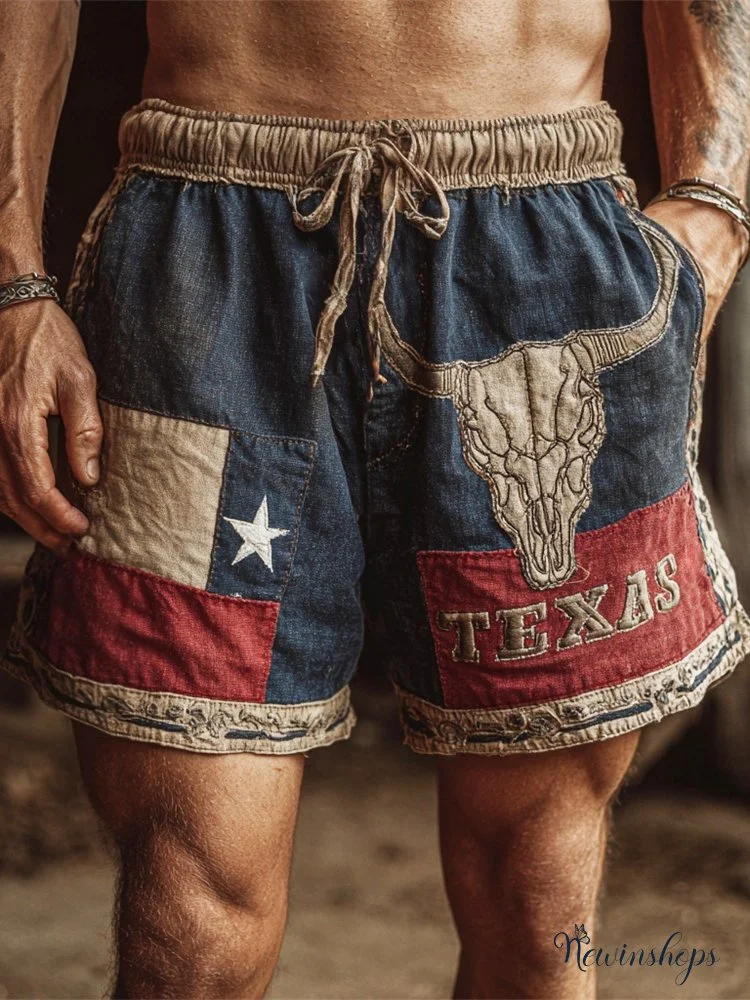 Western Bull Skull & Texas Flag Elements Vintage Men's Linen Shorts