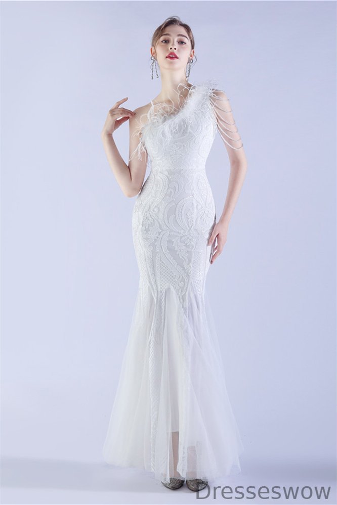 Dresseswow One Shoulder Evening Dress Mermaid Sequins Long With Feather